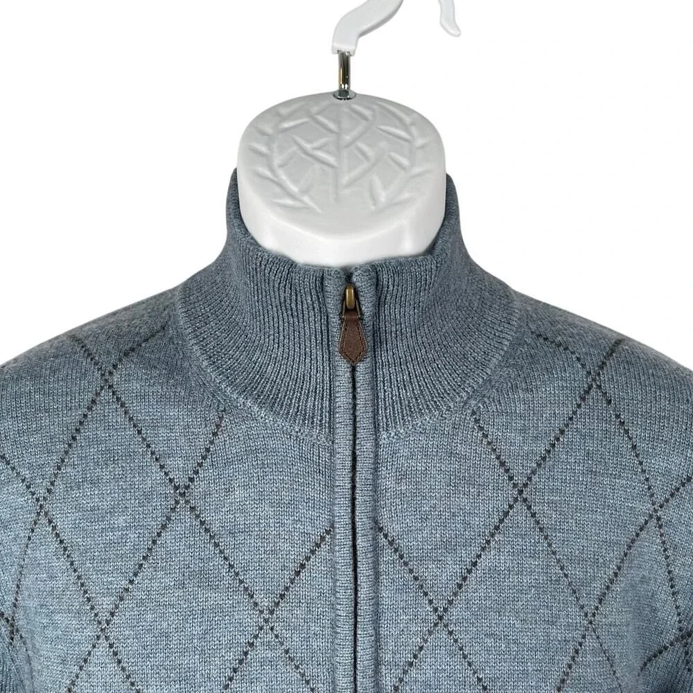 Brooks Brothers 346 Sweater Men Medium Blue Argyle Merino Wool 1/4 Zip Mock Neck